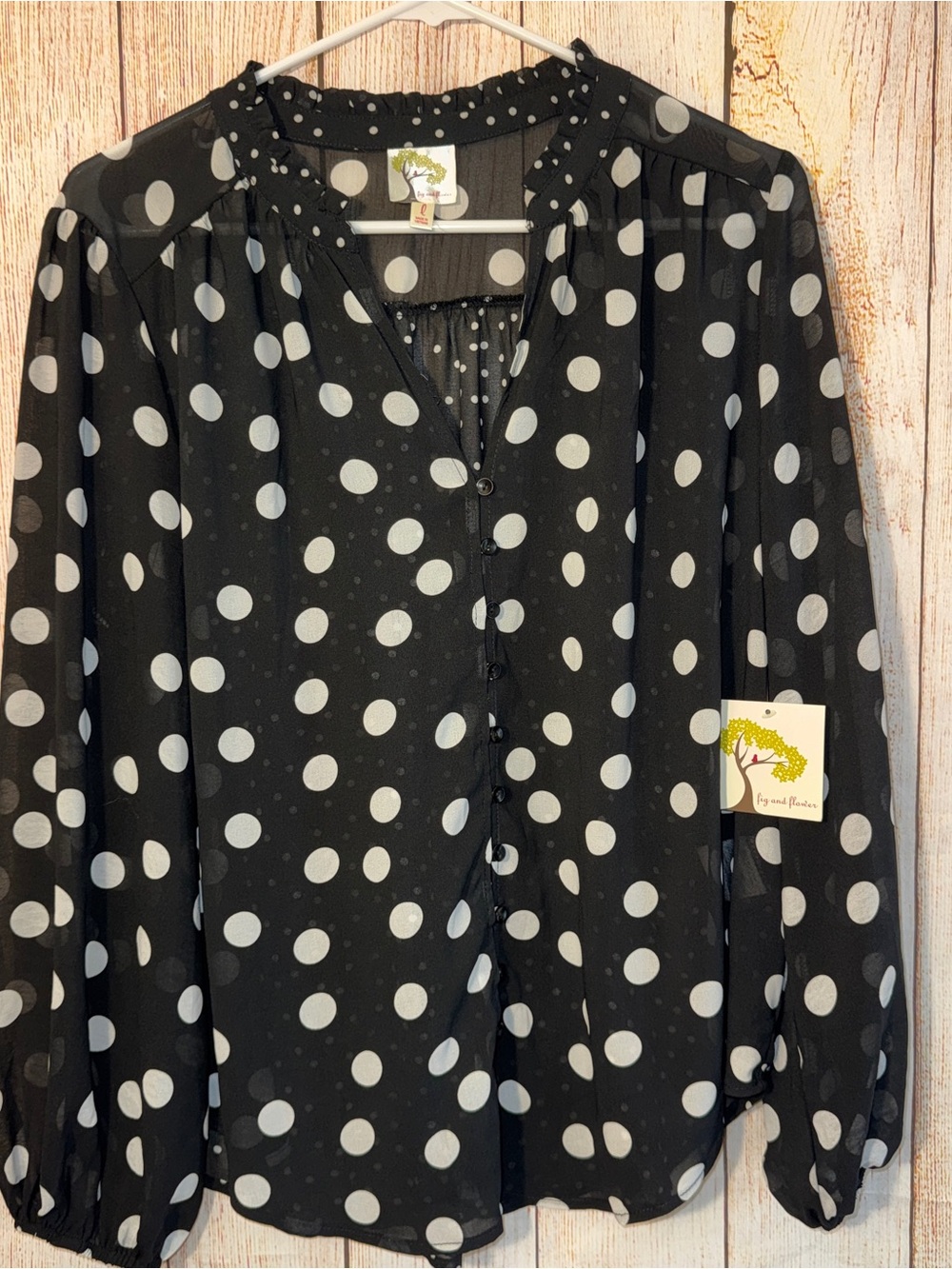 fig and flower Black & White Polka Dot Sheer Blouse, Sz L Business or casual